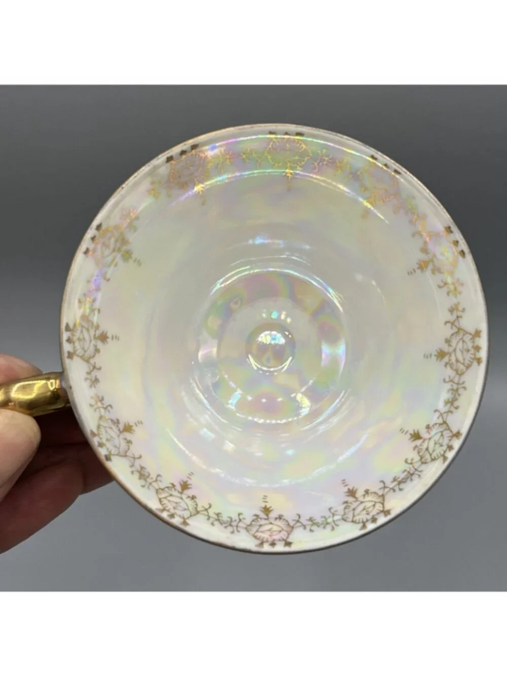 Vtg 50’s Lusterware Tea Cup Saucer Green Gold Trim Masculine Royal Sealy Japan